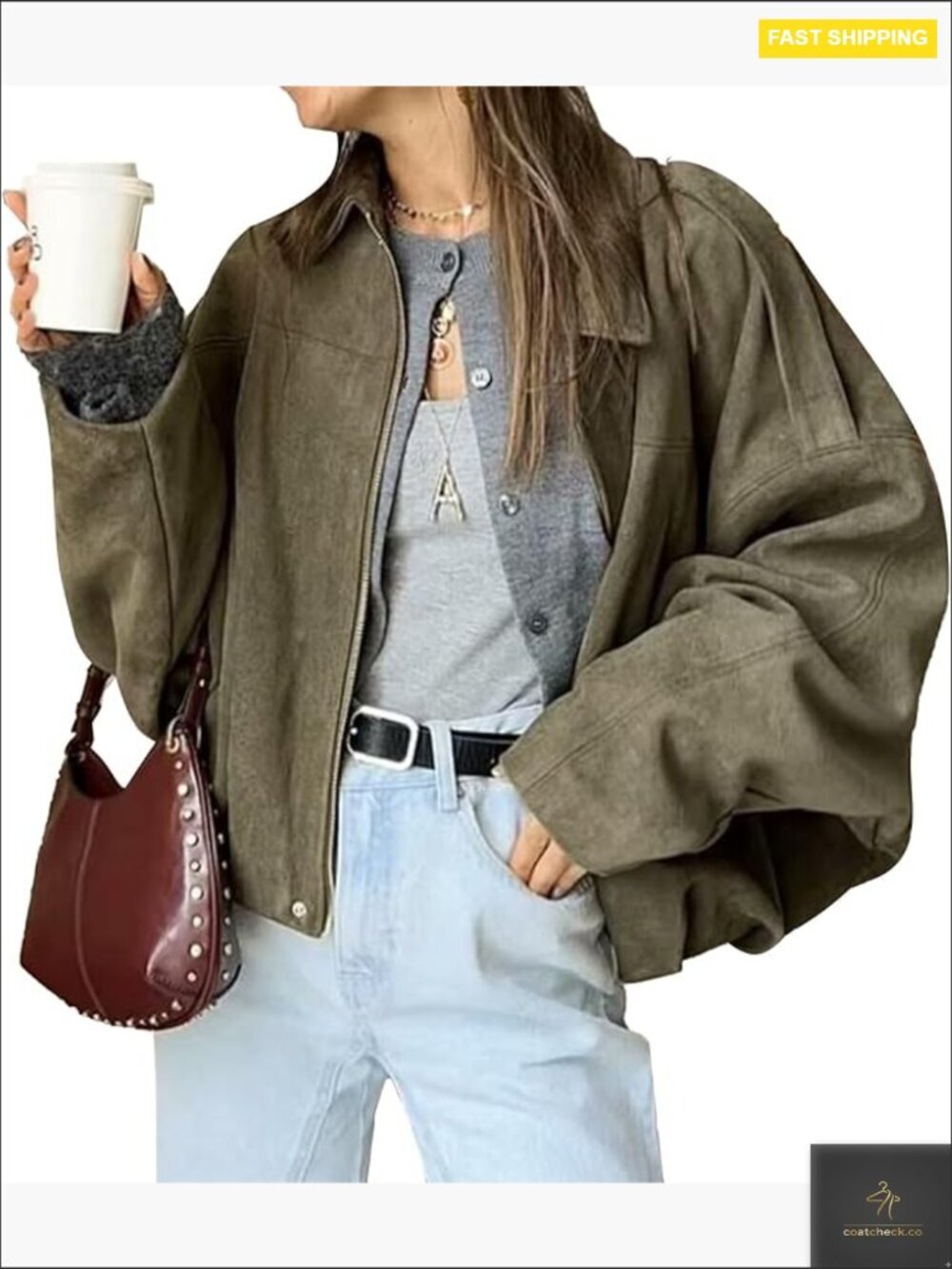 Oversized Faux Suede Bomber Jacket Y2K Aviator Lapel Zipper Casual Streetwear